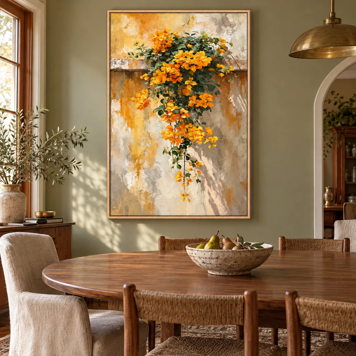 Ownanart Hand-Painted Cascading Yellow Flowers on Textured Wall Oil Painting – Textured Botanical Floral, 3D Textured Vertical Canvas Wall Art for Living Room Bedroom Entryway and Office