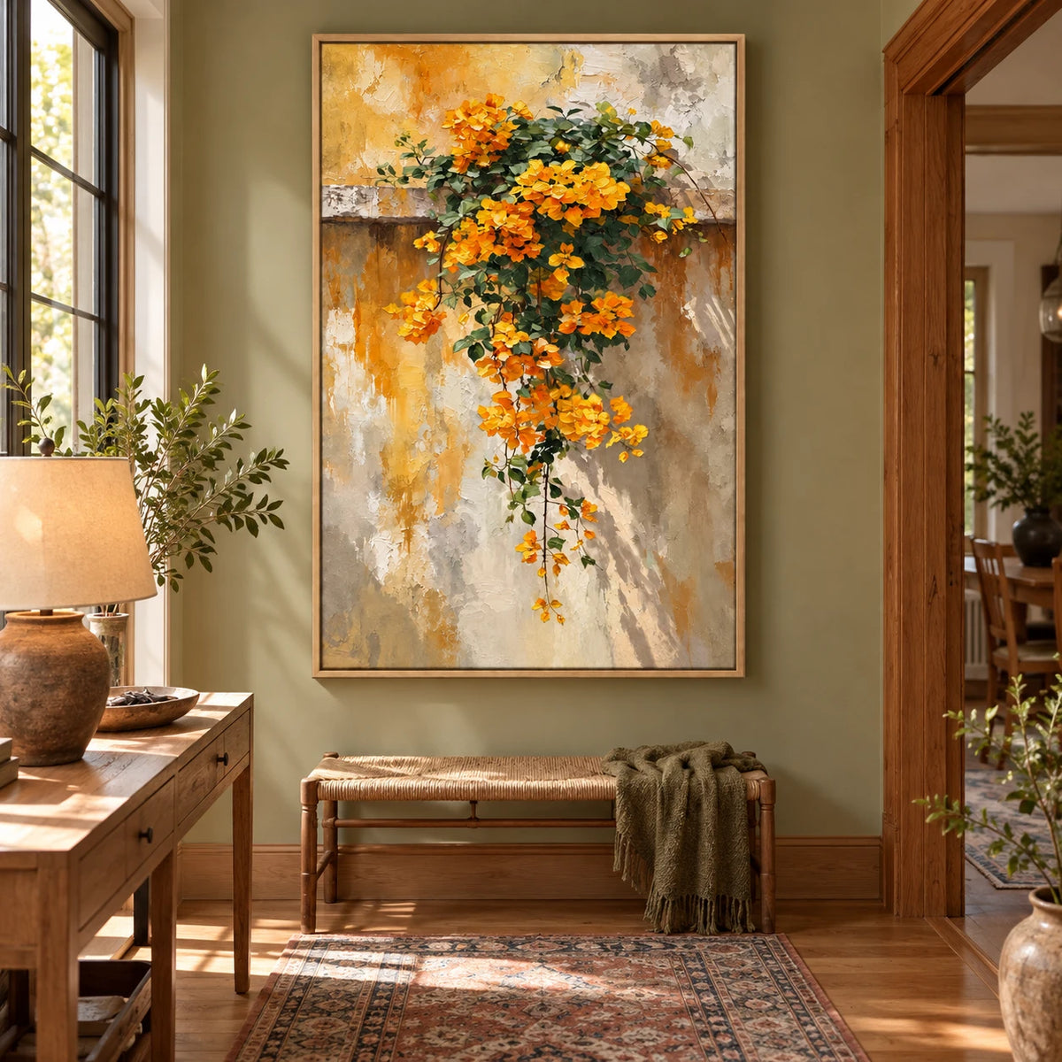 Ownanart Hand-Painted Cascading Yellow Flowers on Textured Wall Oil Painting – Textured Botanical Floral, 3D Textured Vertical Canvas Wall Art for Living Room Bedroom Entryway and Office
