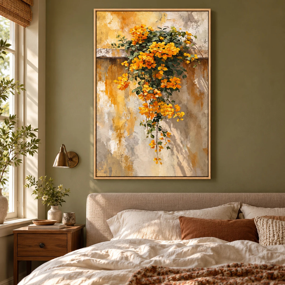 Ownanart Hand-Painted Cascading Yellow Flowers on Textured Wall Oil Painting – Textured Botanical Floral, 3D Textured Vertical Canvas Wall Art for Living Room Bedroom Entryway and Office