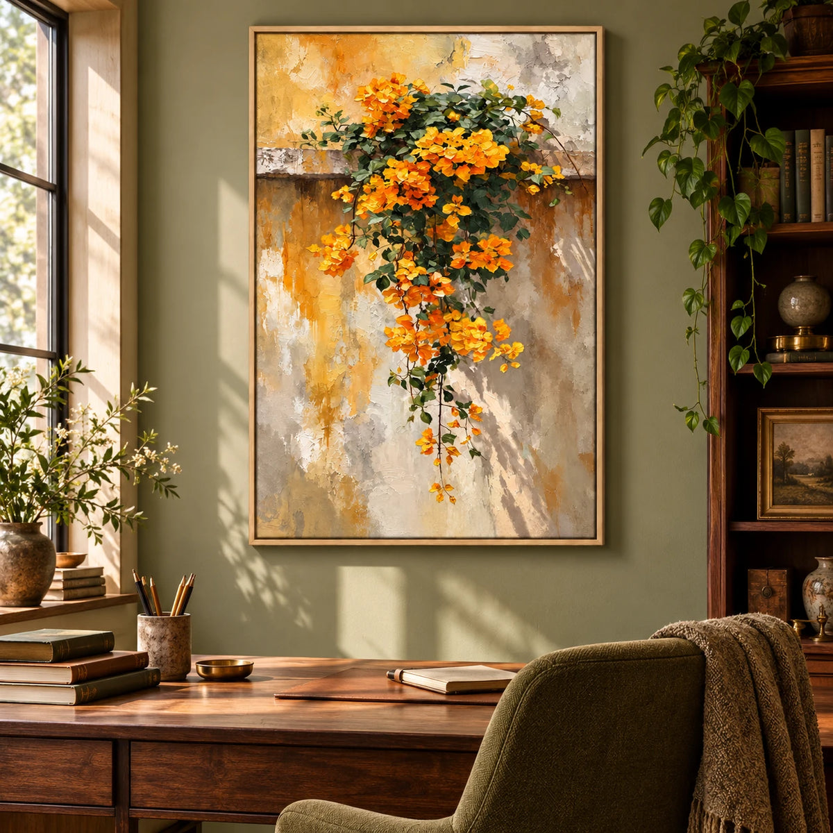 Ownanart Hand-Painted Cascading Yellow Flowers on Textured Wall Oil Painting – Textured Botanical Floral, 3D Textured Vertical Canvas Wall Art for Living Room Bedroom Entryway and Office