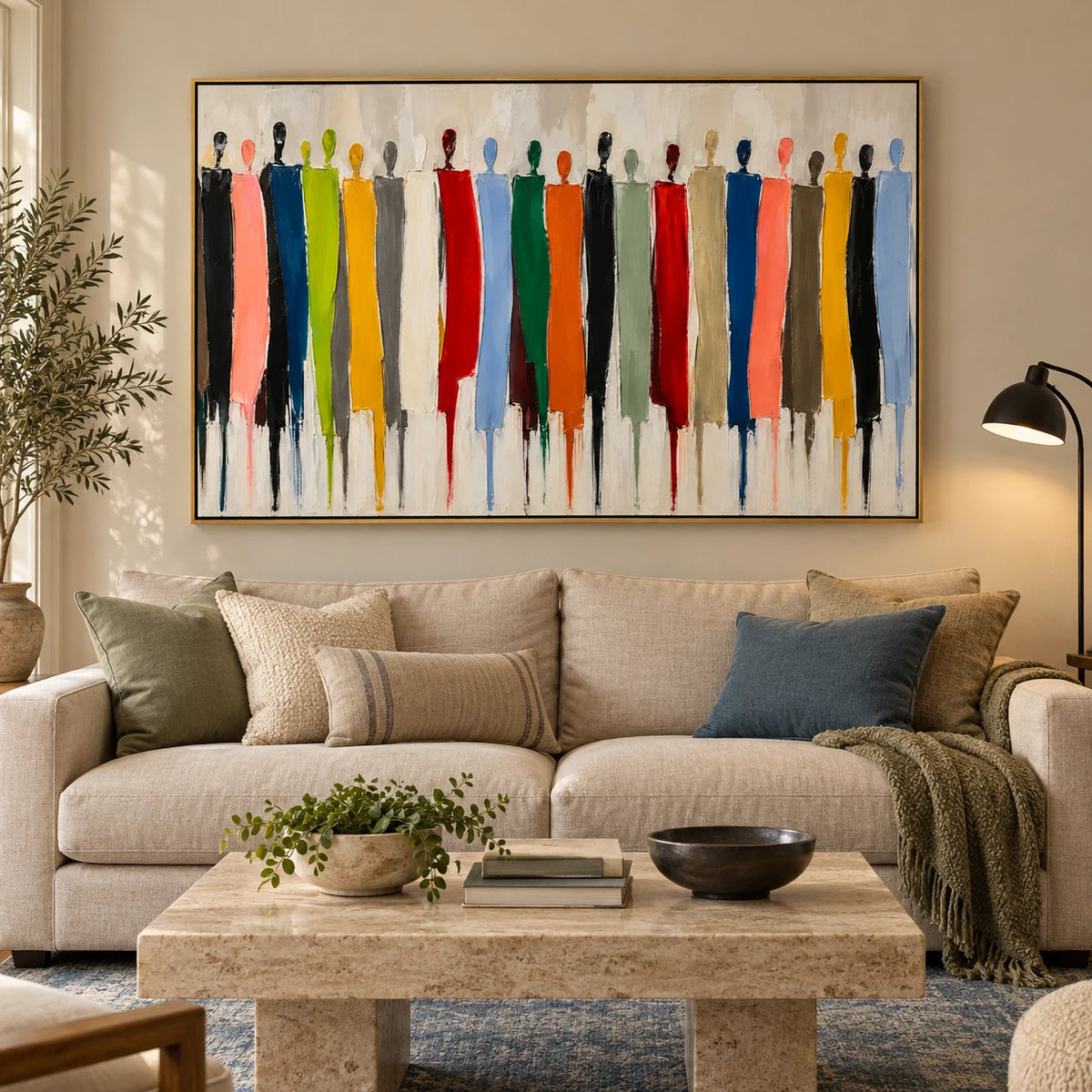 Ownanart Hand-Painted Colorful Abstract People Oil Painting – Large Horizontal group figure canvas, textured figurative wall art, Original Canvas Art for Living Room and Office
