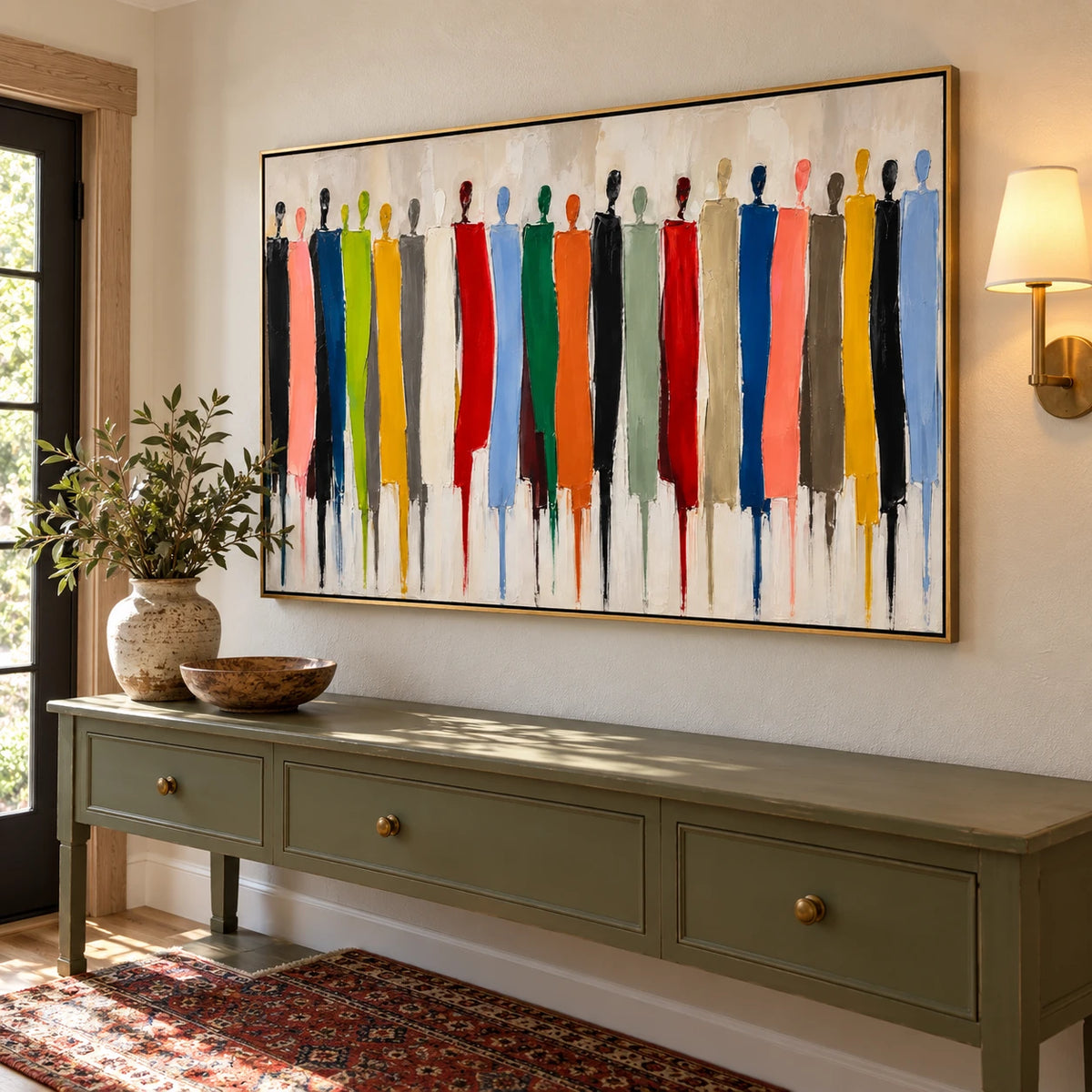 Ownanart Hand-Painted Colorful Abstract People Oil Painting – Large Horizontal group figure canvas, textured figurative wall art, Original Canvas Art for Living Room and Office