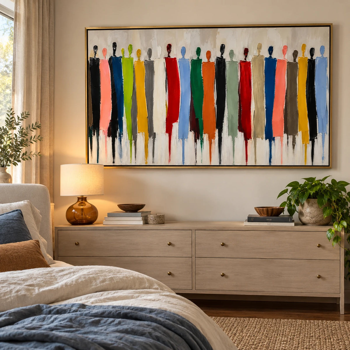 Ownanart Hand-Painted Colorful Abstract People Oil Painting – Large Horizontal group figure canvas, textured figurative wall art, Original Canvas Art for Living Room and Office