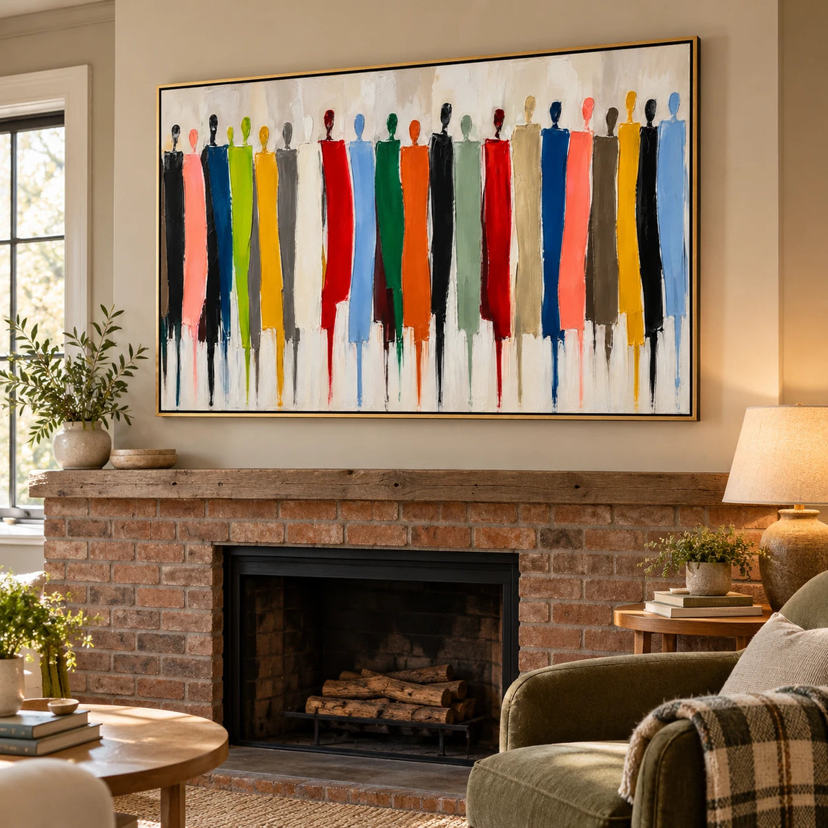Ownanart Hand-Painted Colorful Abstract People Oil Painting – Large Horizontal group figure canvas, textured figurative wall art, Original Canvas Art for Living Room and Office