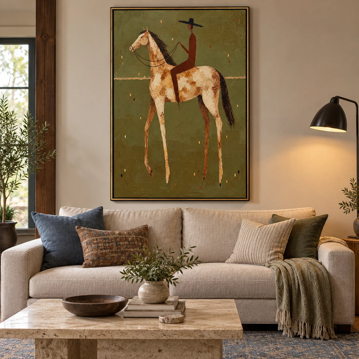 Ownanart Hand-Painted Cowboy on White Horse Oil Painting – Vertical western equestrian canvas, vertical textured rider wall art, Original Canvas Art for Living Room and Office
