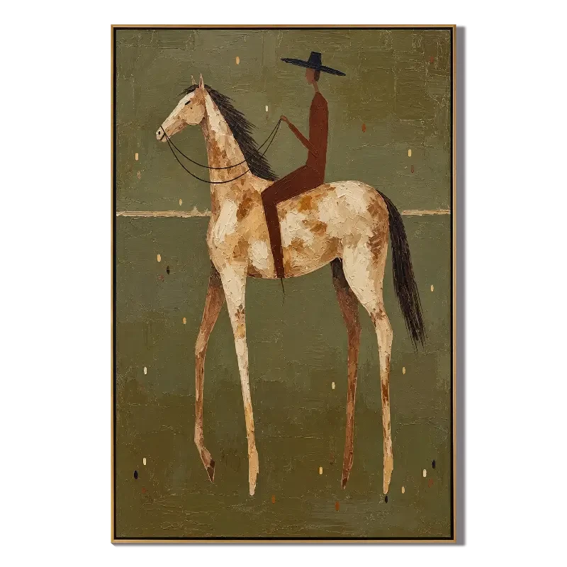 Ownanart Hand-Painted Cowboy on White Horse Oil Painting – Vertical western equestrian canvas, vertical textured rider wall art, Original Canvas Art for Living Room and Office
