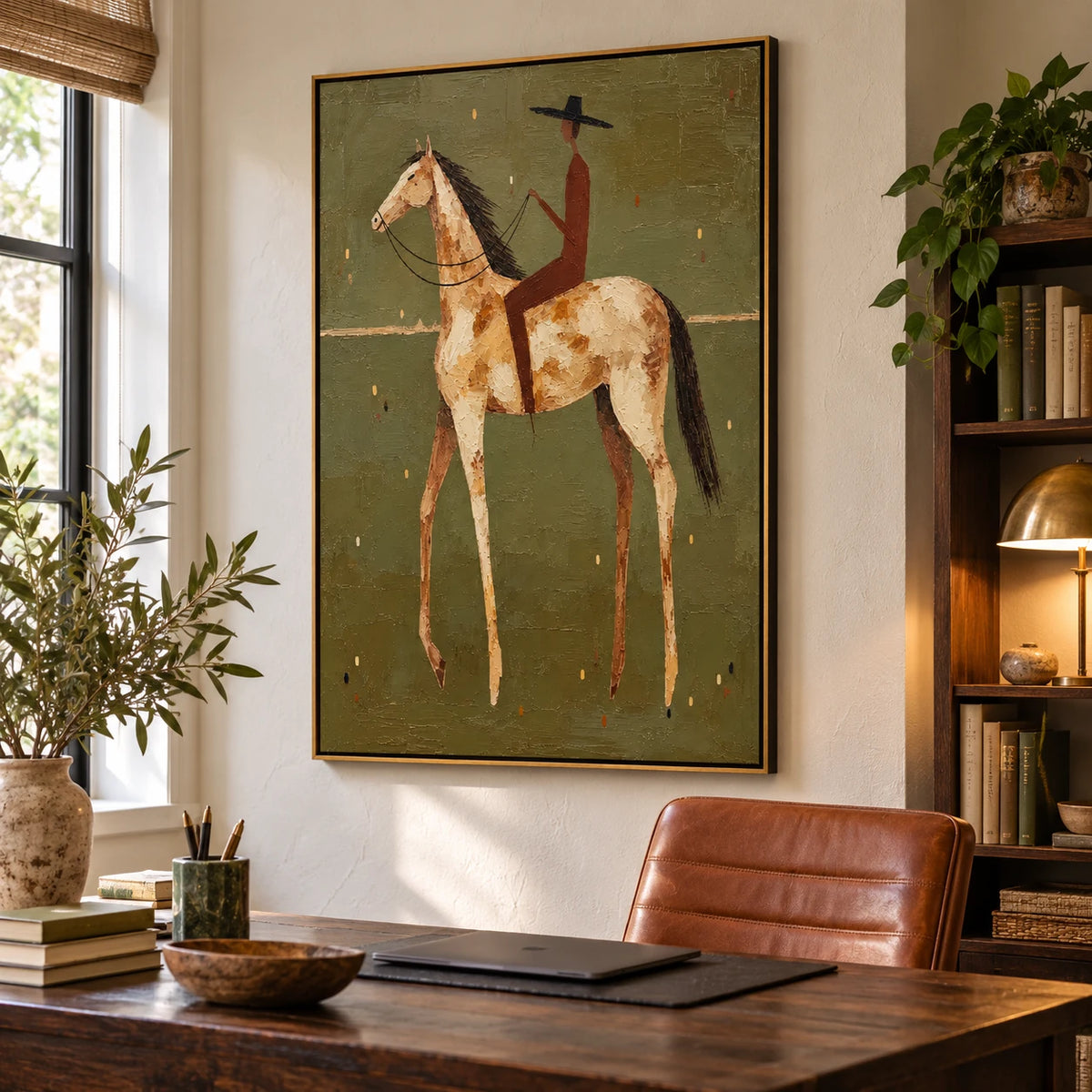 Ownanart Hand-Painted Cowboy on White Horse Oil Painting – Vertical western equestrian canvas, vertical textured rider wall art, Original Canvas Art for Living Room and Office