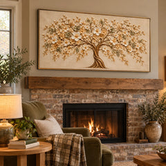Ownanart Hand-Painted Cream and Gold Blossom Tree Oil Painting – Large Horizontal ivory blossom canvas, neutral textured floral wall art, Original Canvas Art for Living Room and Office #OA 1469
