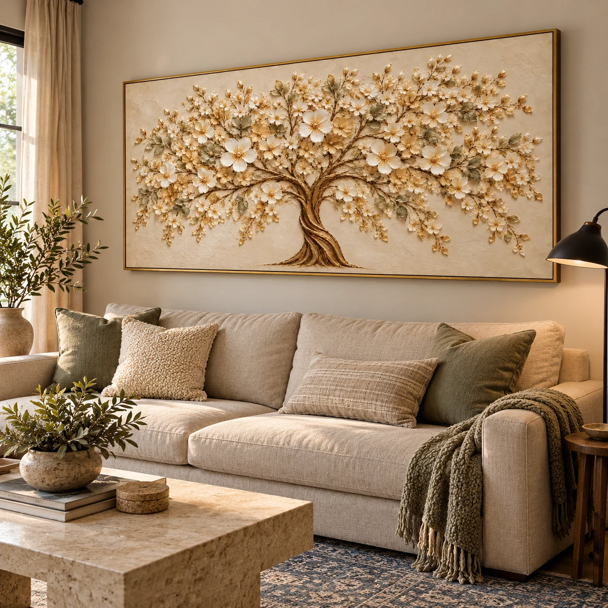 Ownanart Hand-Painted Cream and Gold Blossom Tree Oil Painting – Large Horizontal ivory blossom canvas, neutral textured floral wall art, Original Canvas Art for Living Room and Office