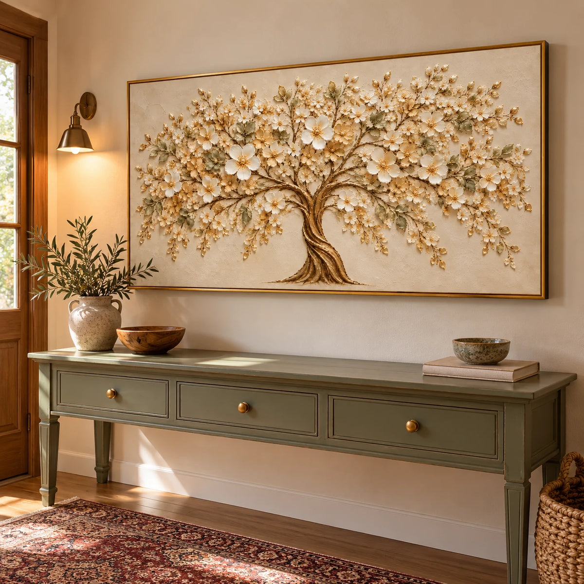 Ownanart Hand-Painted Cream and Gold Blossom Tree Oil Painting – Large Horizontal ivory blossom canvas, neutral textured floral wall art, Original Canvas Art for Living Room and Office
