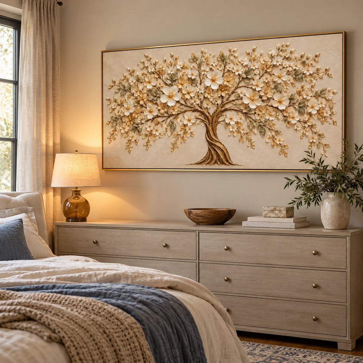 Ownanart Hand-Painted Cream and Gold Blossom Tree Oil Painting – Large Horizontal ivory blossom canvas, neutral textured floral wall art, Original Canvas Art for Living Room and Office