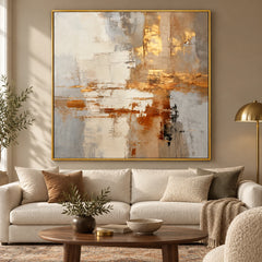 Ownanart Hand-Painted Cream Beige Grey and Gold Neutral Abstract Oil Painting – 3D Textured Square Impasto Canvas Wall Art for Living Room Bedroom Entryway and Office #OA 1538