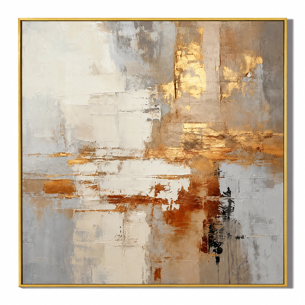 Ownanart Hand-Painted Cream Beige Grey and Gold Neutral Abstract Oil Painting – 3D Textured Square Impasto Canvas Wall Art for Living Room Bedroom Entryway and Office