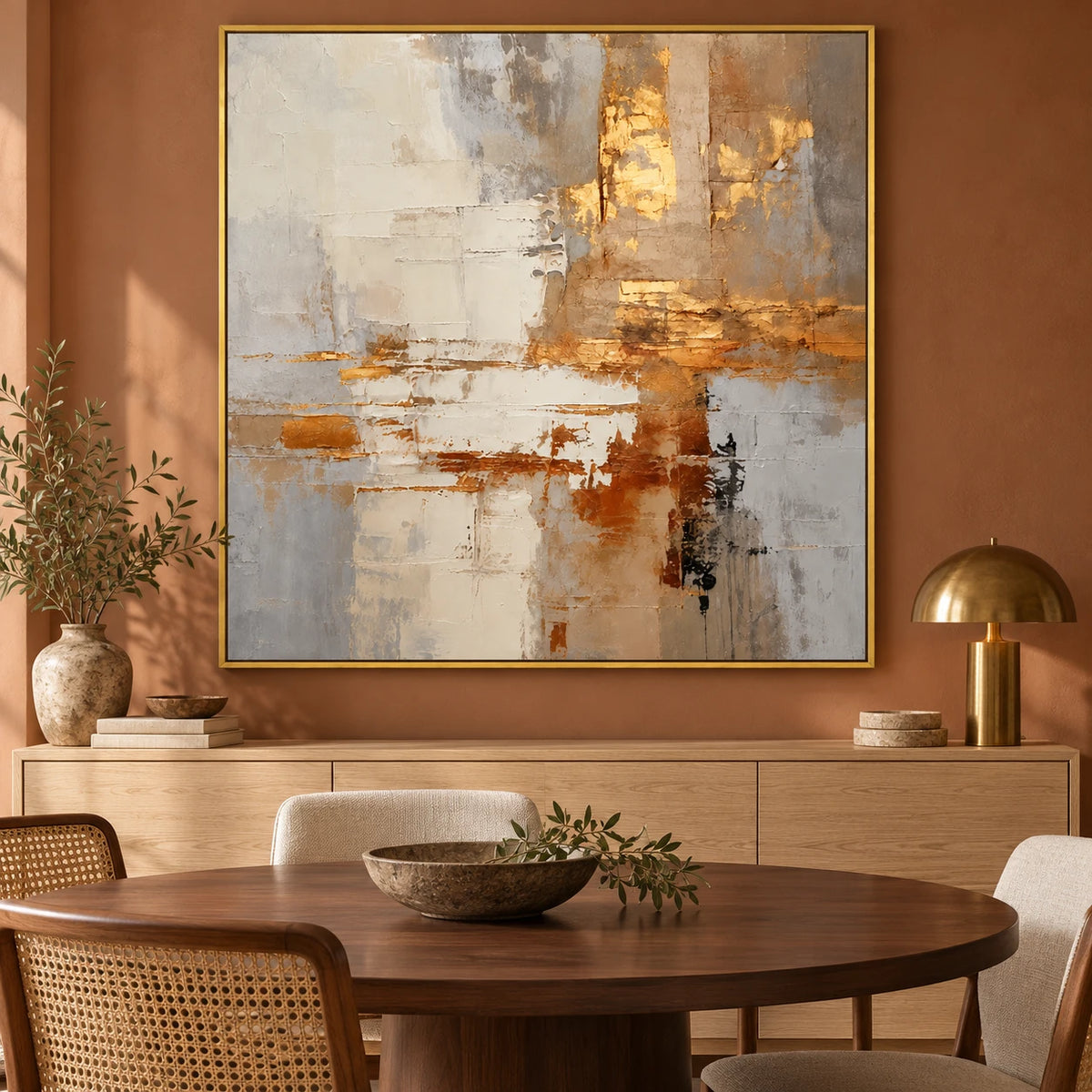 Ownanart Hand-Painted Cream Beige Grey and Gold Neutral Abstract Oil Painting – 3D Textured Square Impasto Canvas Wall Art for Living Room Bedroom Entryway and Office