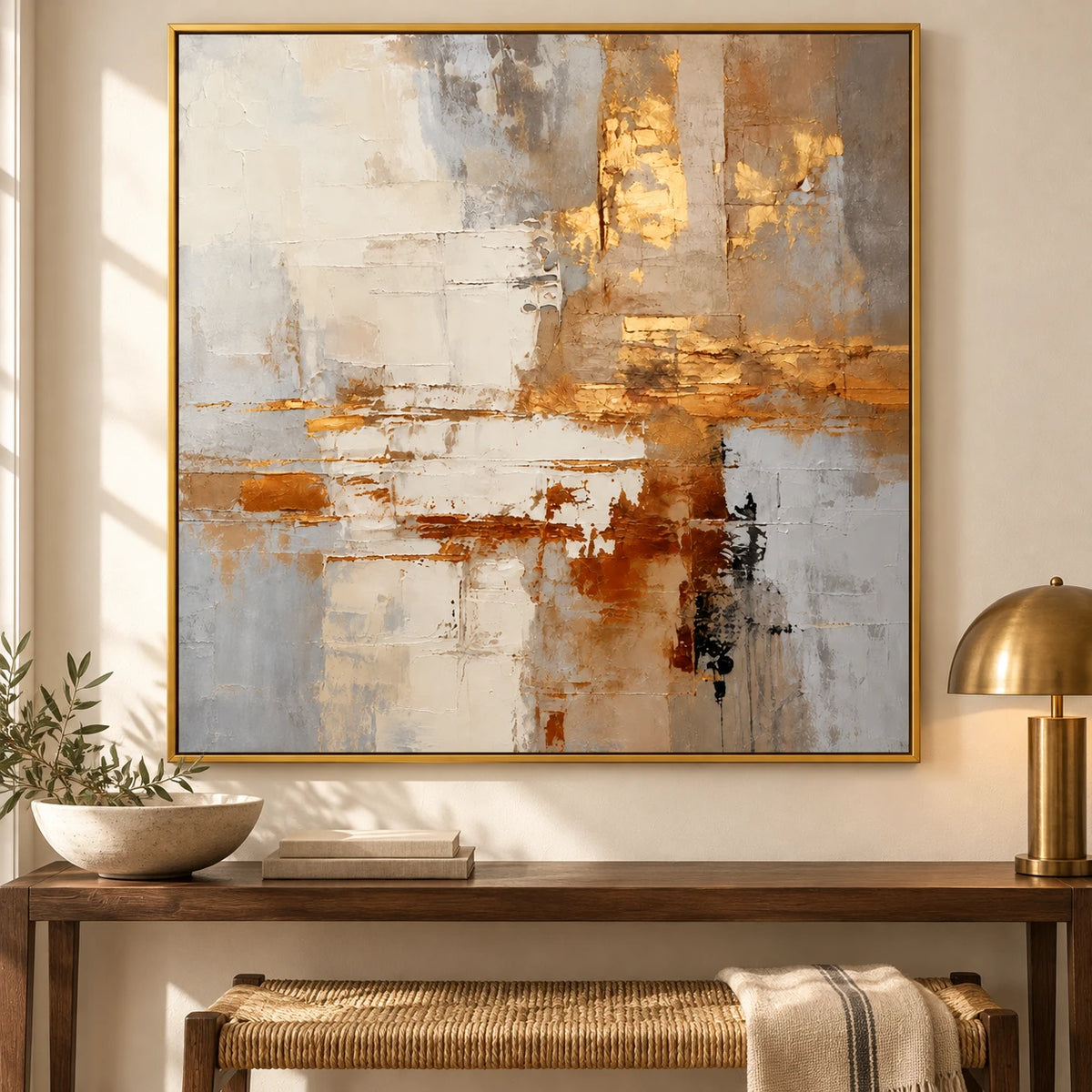 Ownanart Hand-Painted Cream Beige Grey and Gold Neutral Abstract Oil Painting – 3D Textured Square Impasto Canvas Wall Art for Living Room Bedroom Entryway and Office