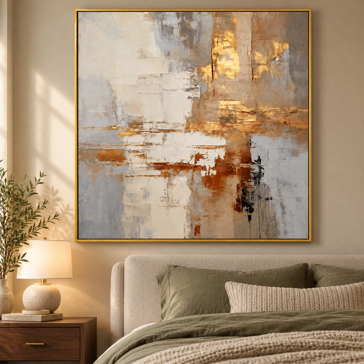 Ownanart Hand-Painted Cream Beige Grey and Gold Neutral Abstract Oil Painting – 3D Textured Square Impasto Canvas Wall Art for Living Room Bedroom Entryway and Office