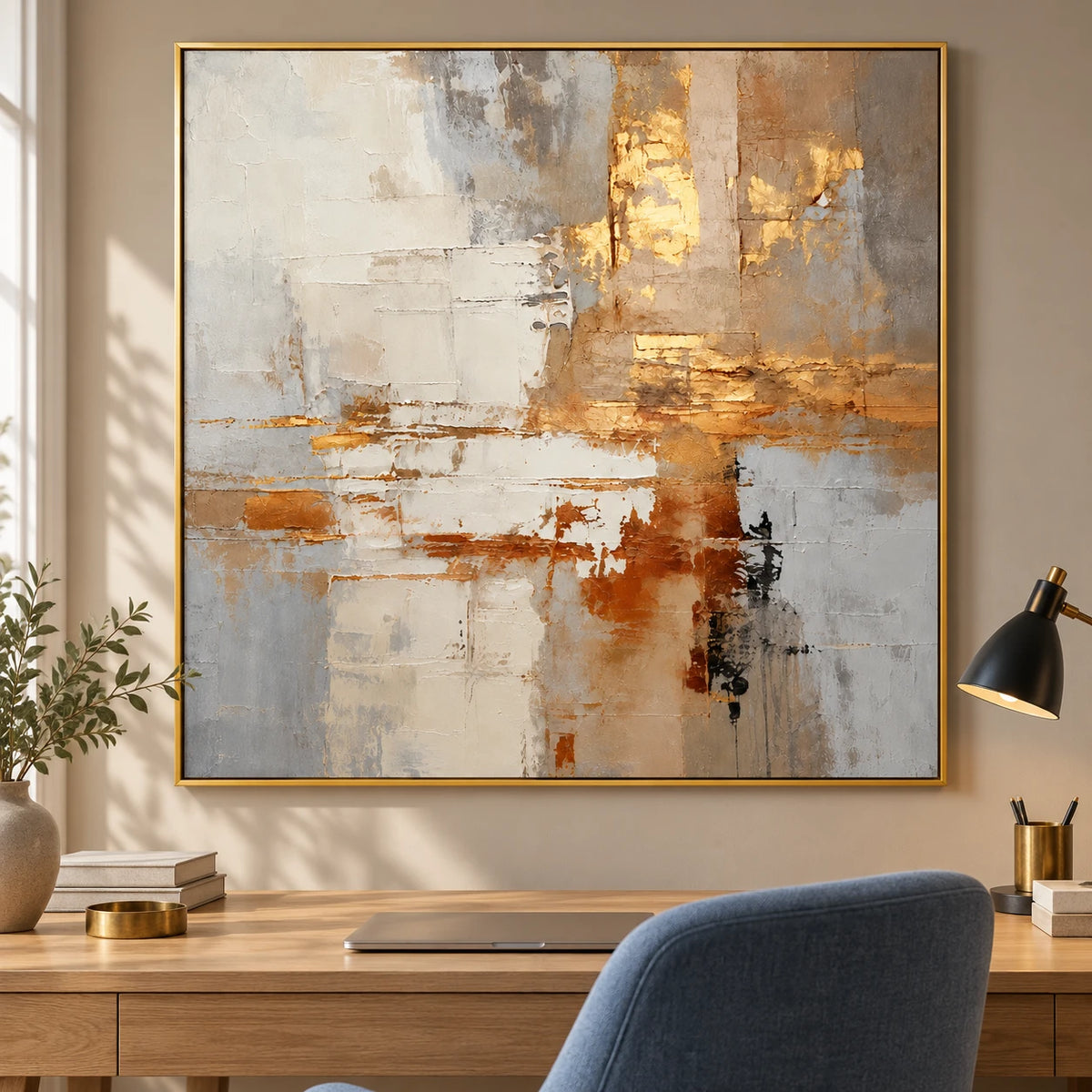 Ownanart Hand-Painted Cream Beige Grey and Gold Neutral Abstract Oil Painting – 3D Textured Square Impasto Canvas Wall Art for Living Room Bedroom Entryway and Office