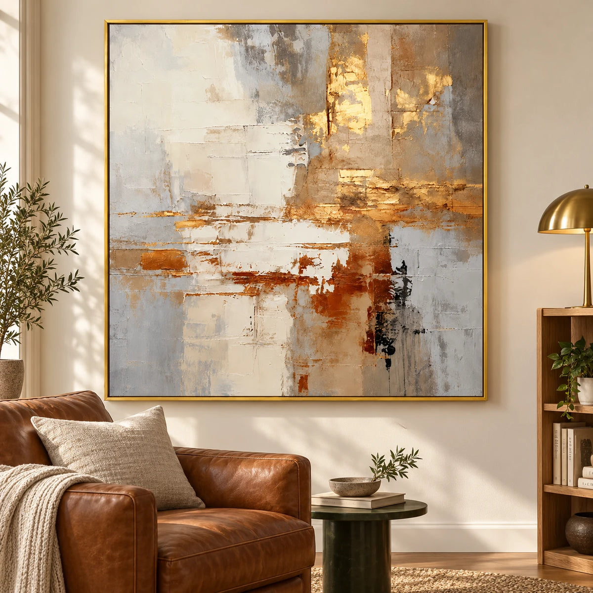 Ownanart Hand-Painted Cream Beige Grey and Gold Neutral Abstract Oil Painting – 3D Textured Square Impasto Canvas Wall Art for Living Room Bedroom Entryway and Office