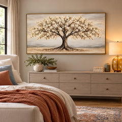 Ownanart Hand-Painted Cream Flowering Tree Landscape Oil Painting – Large Horizontal neutral botanical landscape, textured blossom wall art, Original Canvas Art for Living Room and Office #OA 1467