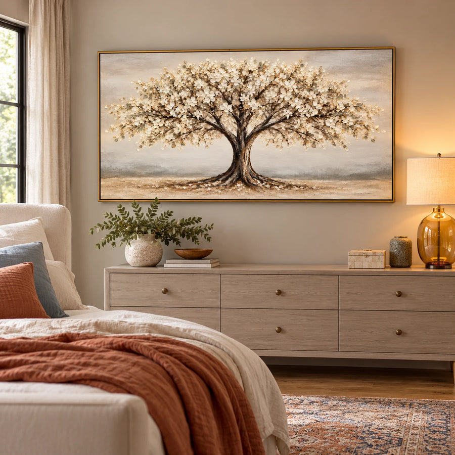 Ownanart Hand-Painted Cream Flowering Tree Landscape Oil Painting – Large Horizontal neutral botanical landscape, textured blossom wall art, Original Canvas Art for Living Room and Office #OA 1467