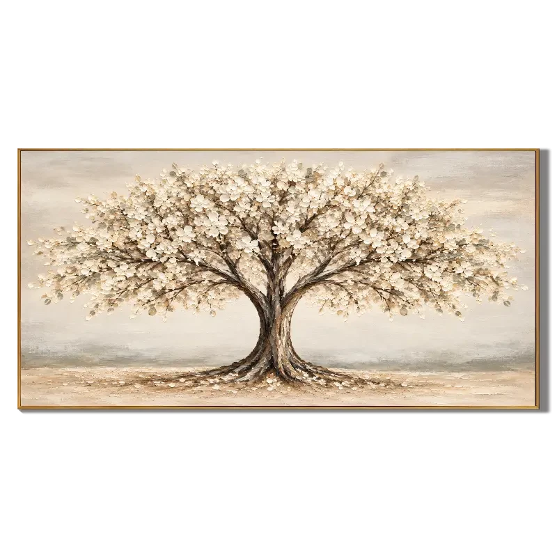 Ownanart Hand-Painted Cream Flowering Tree Landscape Oil Painting – Large Horizontal neutral botanical landscape, textured blossom wall art, Original Canvas Art for Living Room and Office