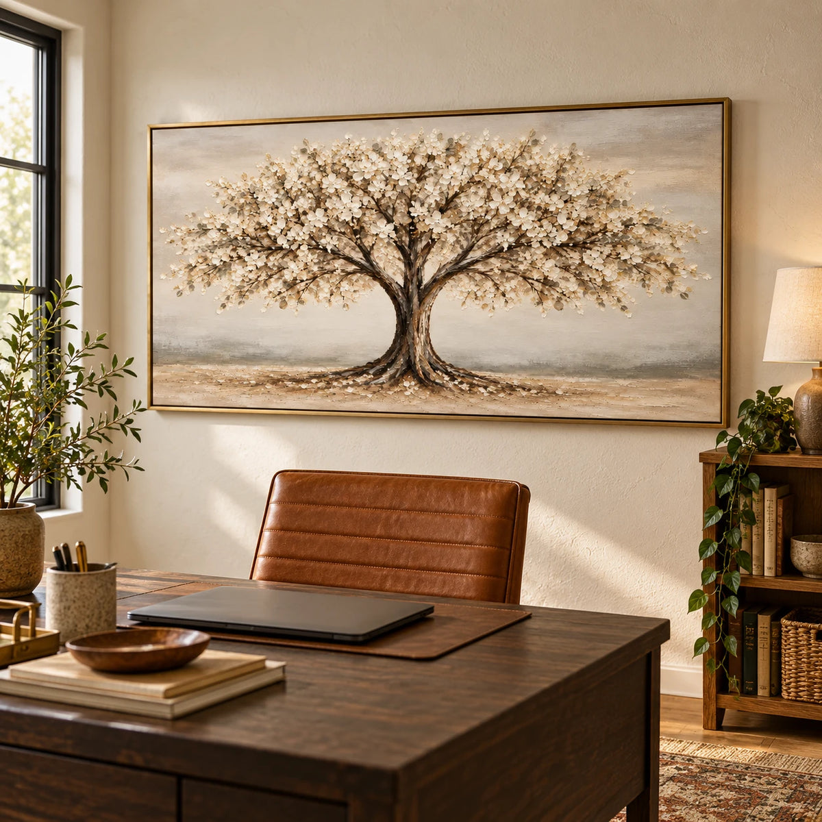 Ownanart Hand-Painted Cream Flowering Tree Landscape Oil Painting – Large Horizontal neutral botanical landscape, textured blossom wall art, Original Canvas Art for Living Room and Office