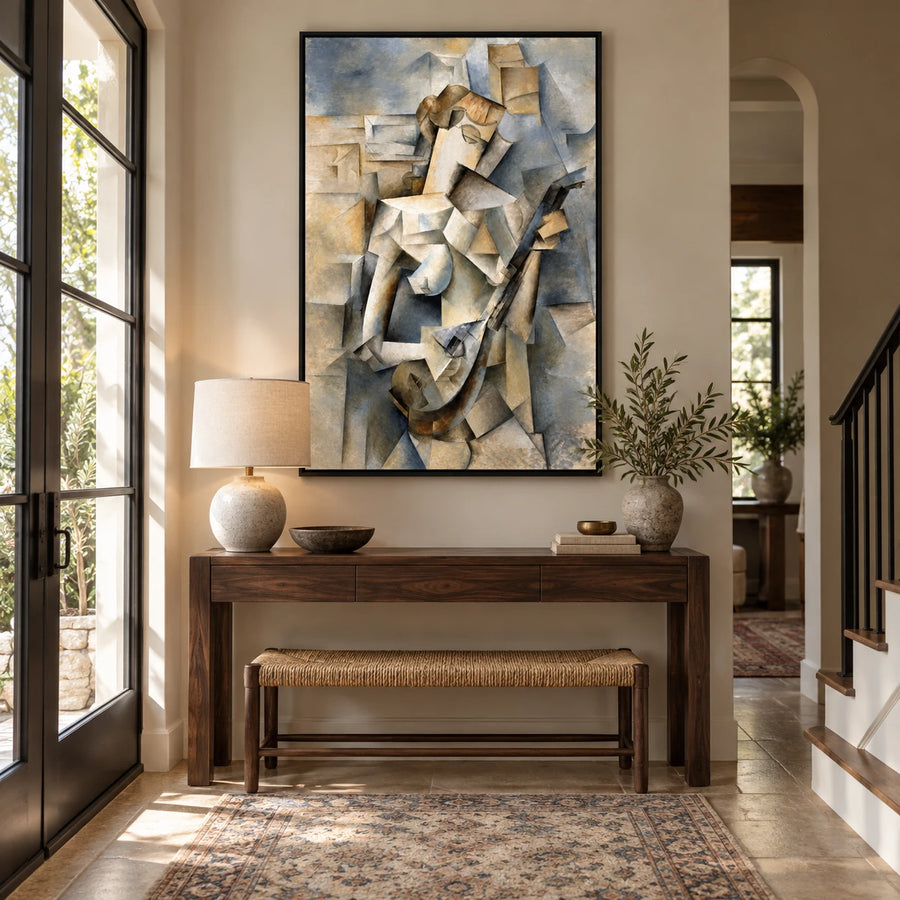 Ownanart Hand-Painted Cubist Guitar Player Oil Painting – Cubist Geometric Figurative Music Art, 3D Textured Vertical Canvas Wall Art, Original Painting for Living Room Bedroom Entryway and Office #OA 1502