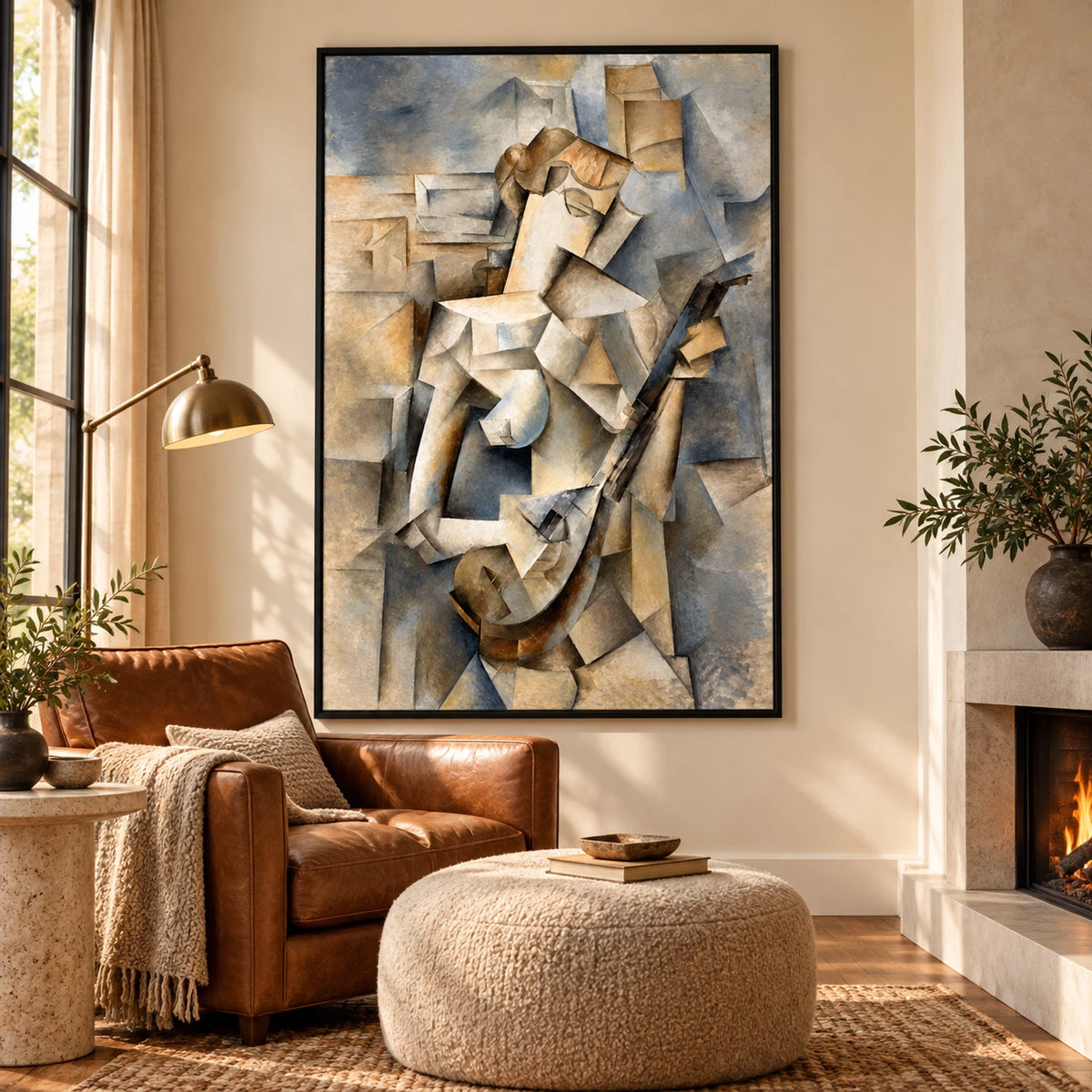 Ownanart Hand-Painted Cubist Guitar Player Oil Painting – Cubist Geometric Figurative Music Art, 3D Textured Vertical Canvas Wall Art, Original Painting for Living Room Bedroom Entryway and Office