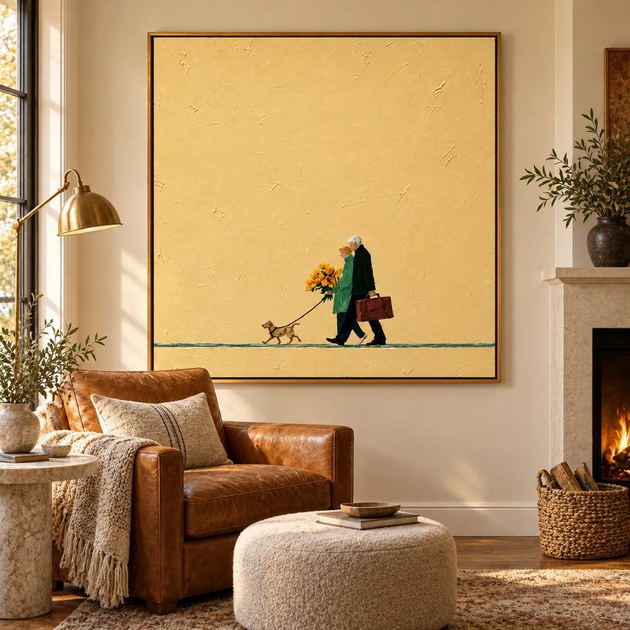 Ownanart Hand-Painted Elderly Couple Walking Dog Oil Painting – Minimalist Narrative Figurative Art, 3D Textured Square Canvas Wall Art, Original Painting for Living Room Bedroom Entryway and Office #OA 1499