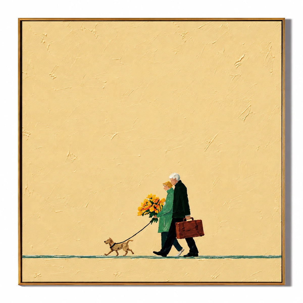 Ownanart Hand-Painted Elderly Couple Walking Dog Oil Painting – Minimalist Narrative Figurative Art, 3D Textured Square Canvas Wall Art, Original Painting for Living Room Bedroom Entryway and Office