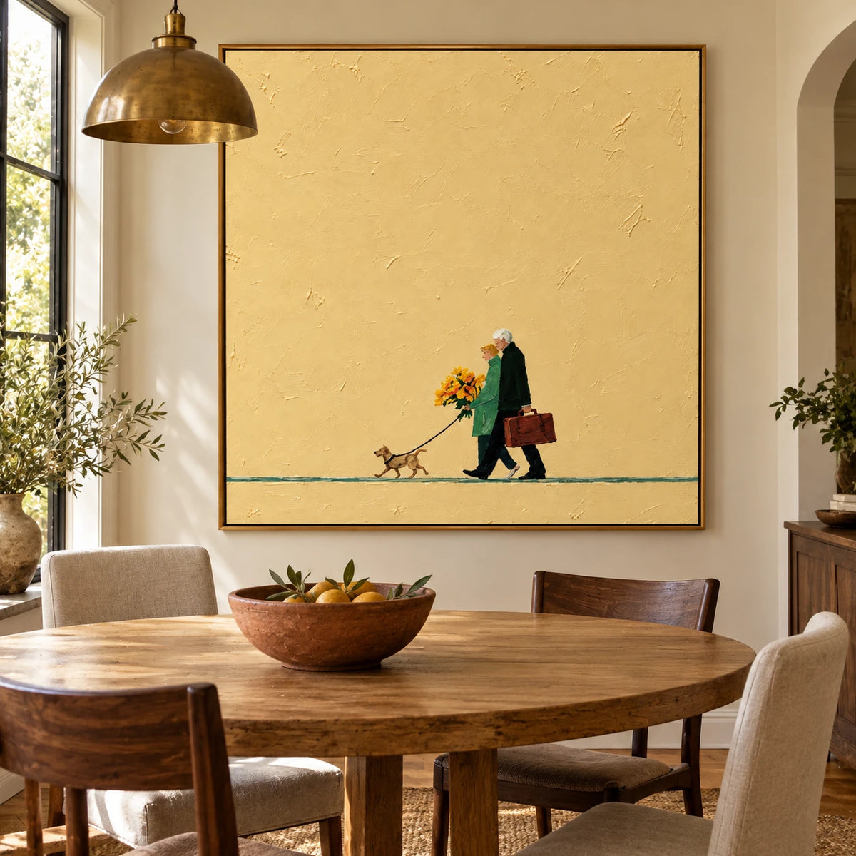 Ownanart Hand-Painted Elderly Couple Walking Dog Oil Painting – Minimalist Narrative Figurative Art, 3D Textured Square Canvas Wall Art, Original Painting for Living Room Bedroom Entryway and Office