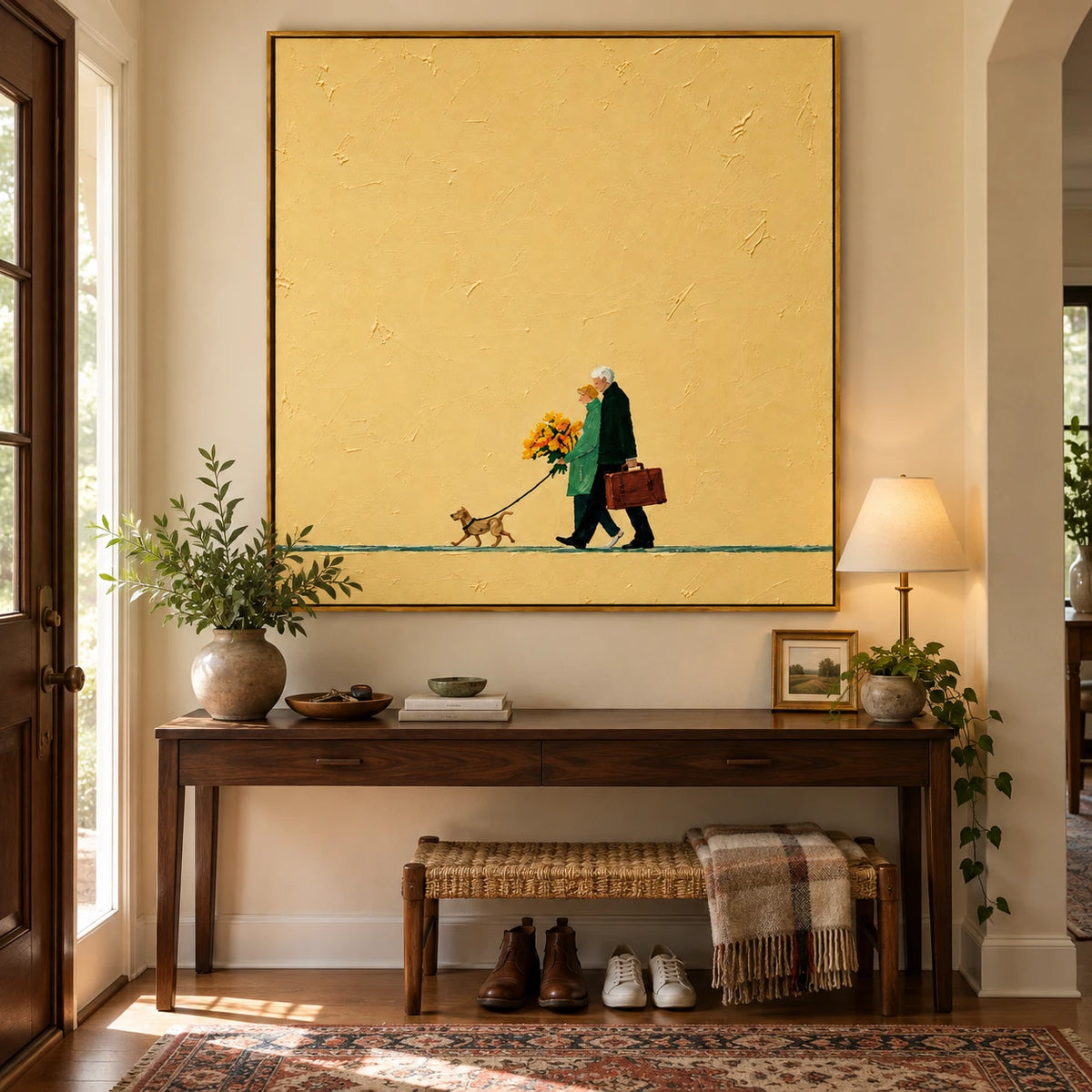 Ownanart Hand-Painted Elderly Couple Walking Dog Oil Painting – Minimalist Narrative Figurative Art, 3D Textured Square Canvas Wall Art, Original Painting for Living Room Bedroom Entryway and Office