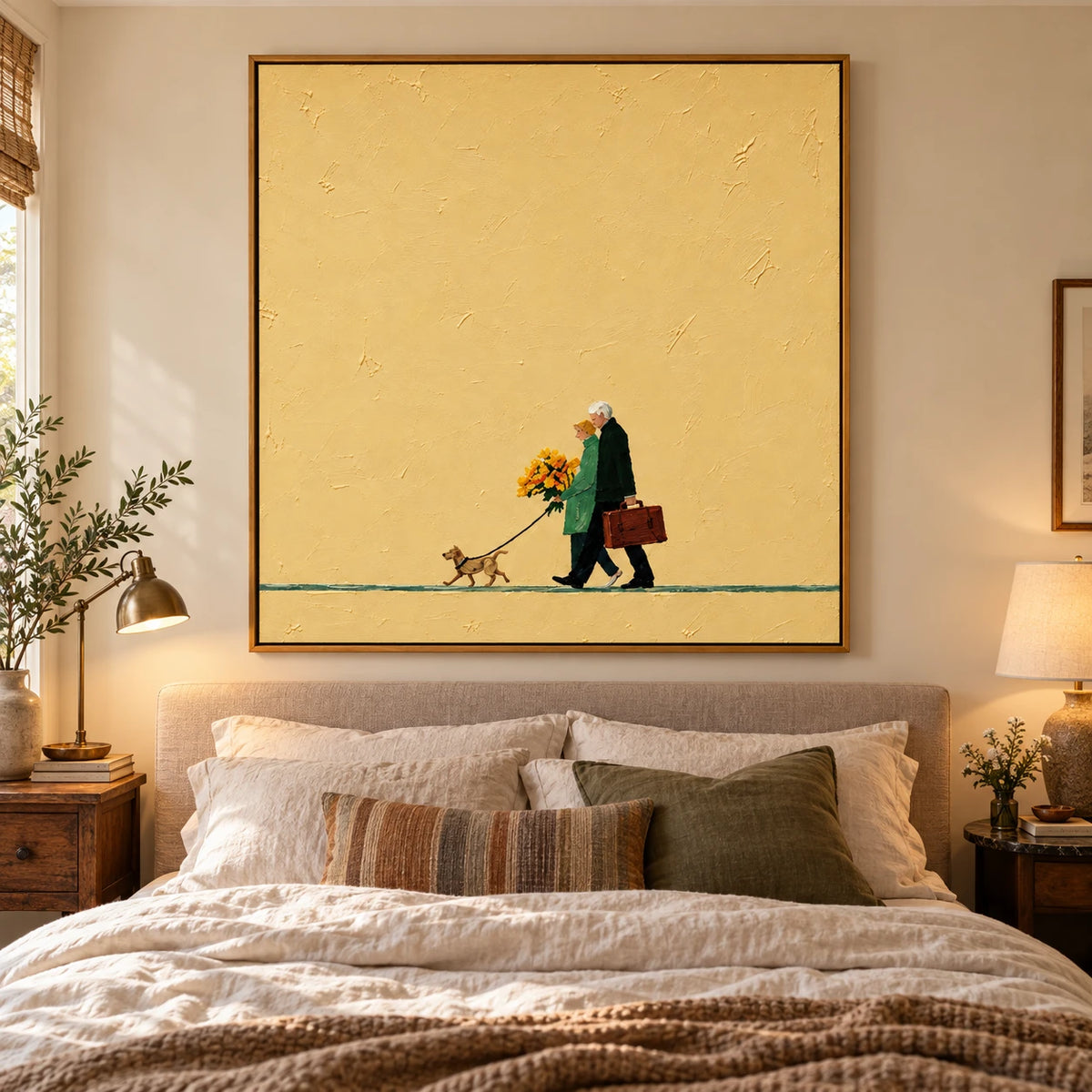 Ownanart Hand-Painted Elderly Couple Walking Dog Oil Painting – Minimalist Narrative Figurative Art, 3D Textured Square Canvas Wall Art, Original Painting for Living Room Bedroom Entryway and Office