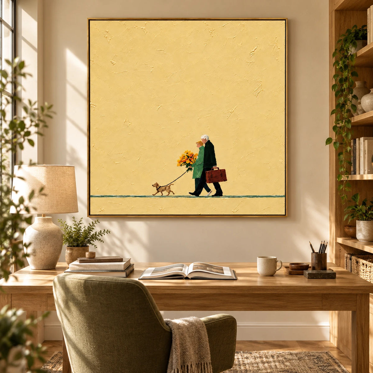 Ownanart Hand-Painted Elderly Couple Walking Dog Oil Painting – Minimalist Narrative Figurative Art, 3D Textured Square Canvas Wall Art, Original Painting for Living Room Bedroom Entryway and Office