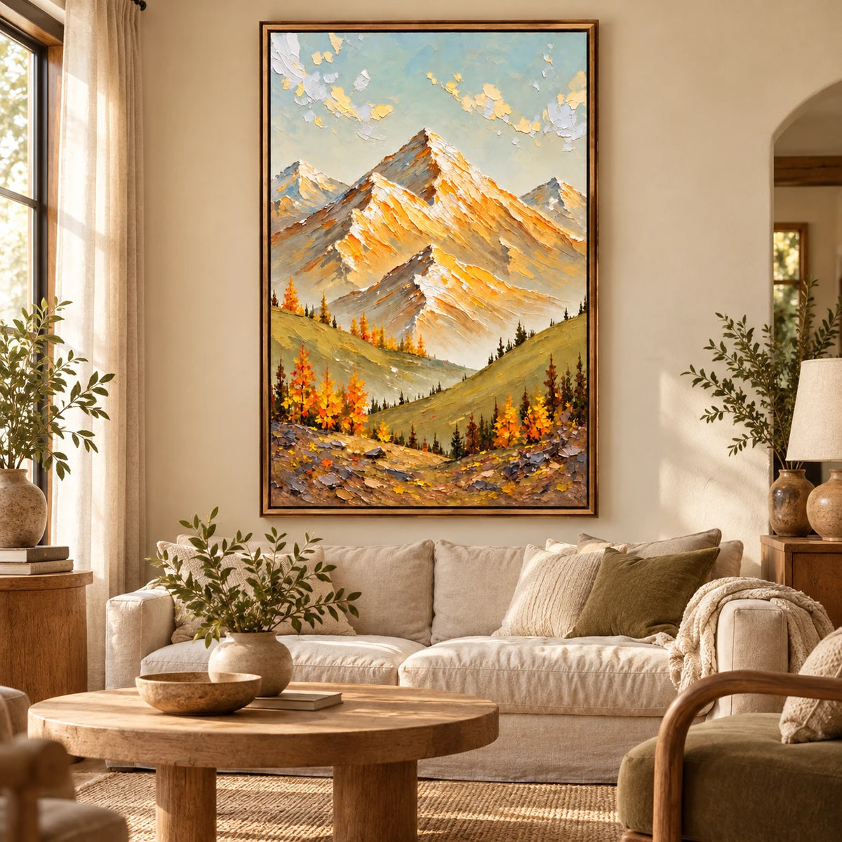 Ownanart Hand-Painted Golden Alpine Peaks and Autumn Trees Oil Painting – Impasto Alpine Landscape, 3D Textured Vertical Canvas Wall Art for Living Room Bedroom Entryway and Office