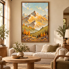 Ownanart Hand-Painted Golden Alpine Peaks and Autumn Trees Oil Painting – Impasto Alpine Landscape, 3D Textured Vertical Canvas Wall Art for Living Room Bedroom Entryway and Office #OA 1504