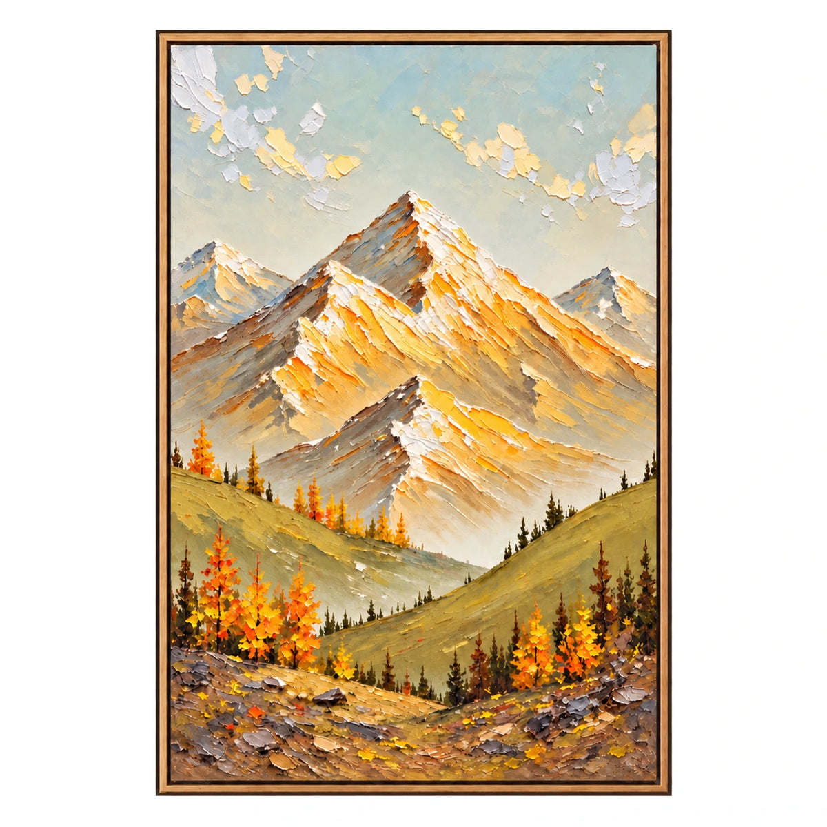 Ownanart Hand-Painted Golden Alpine Peaks and Autumn Trees Oil Painting – Impasto Alpine Landscape, 3D Textured Vertical Canvas Wall Art for Living Room Bedroom Entryway and Office