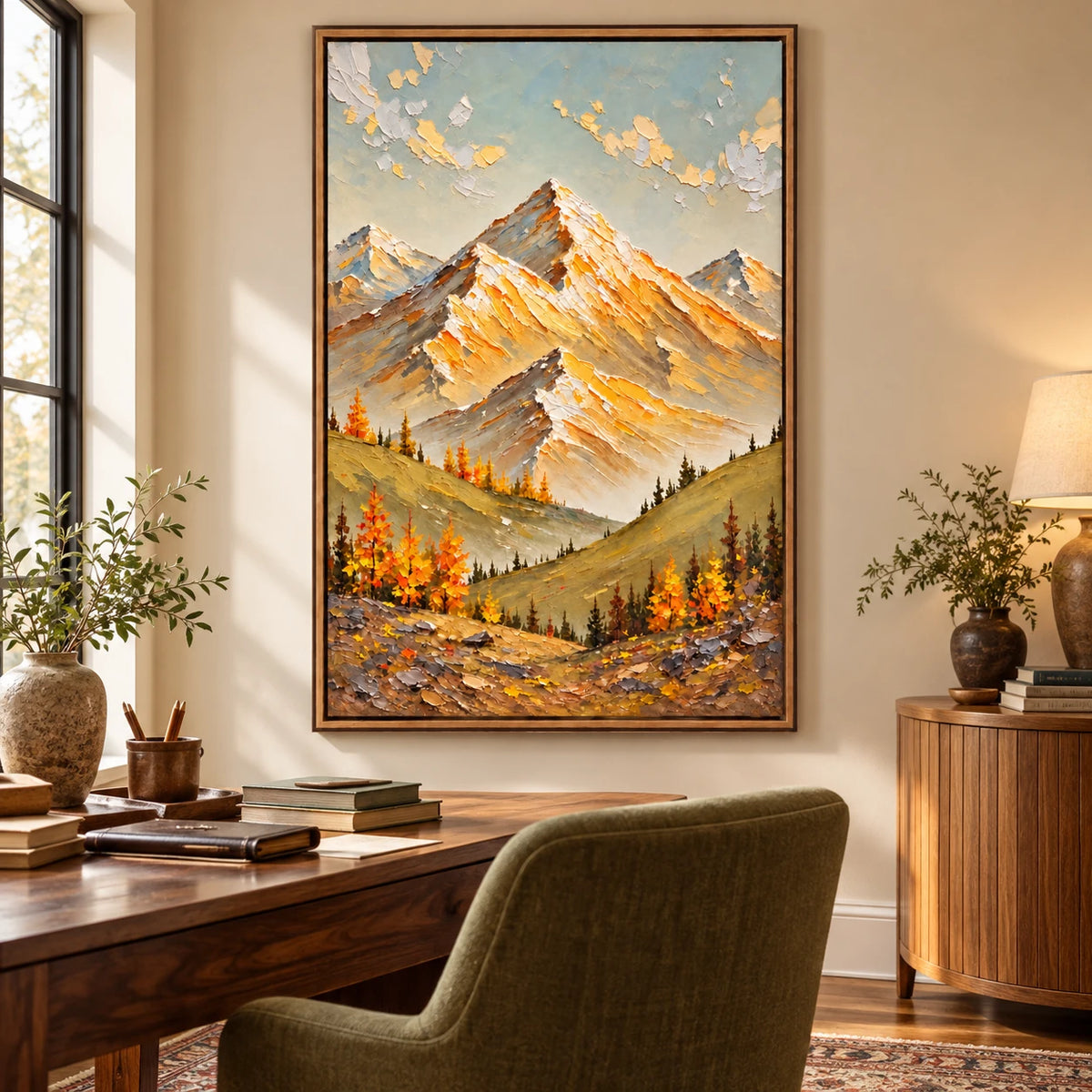 Ownanart Hand-Painted Golden Alpine Peaks and Autumn Trees Oil Painting – Impasto Alpine Landscape, 3D Textured Vertical Canvas Wall Art for Living Room Bedroom Entryway and Office