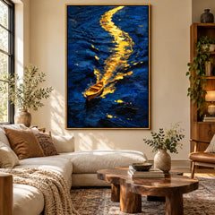 Ownanart Hand-Painted Golden Boat on Deep Blue Water Oil Painting – Abstract Nautical Seascape, 3D Textured Vertical Canvas Wall Art, Original Painting for Living Room Bedroom Entryway and Office #OA 1494