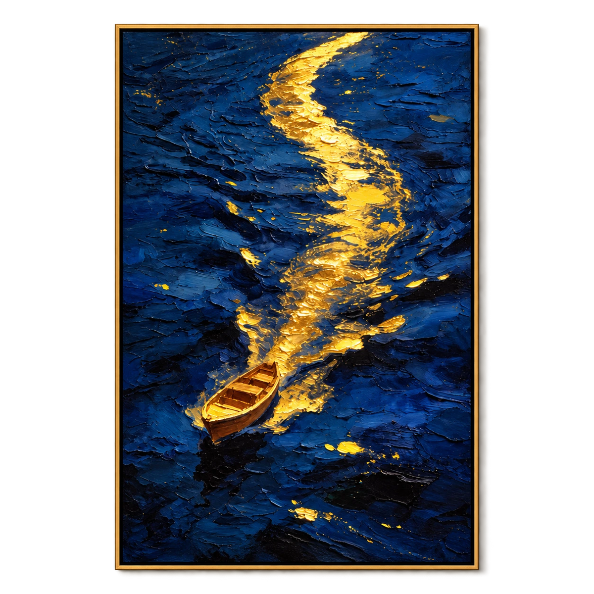 Ownanart Hand-Painted Golden Boat on Deep Blue Water Oil Painting – Abstract Nautical Seascape, 3D Textured Vertical Canvas Wall Art, Original Painting for Living Room Bedroom Entryway and Office