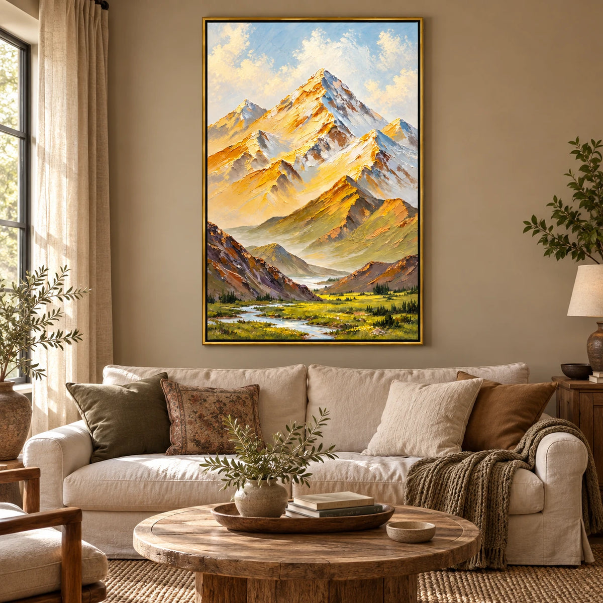 Ownanart Hand-Painted Golden Mountain Valley and Winding Stream Oil Painting – Textured Alpine Landscape, 3D Textured Vertical Canvas Wall Art for Living Room Bedroom Entryway and Office