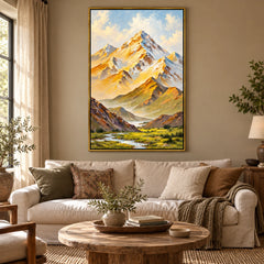 Ownanart Hand-Painted Golden Mountain Valley and Winding Stream Oil Painting – Textured Alpine Landscape, 3D Textured Vertical Canvas Wall Art for Living Room Bedroom Entryway and Office #OA 1508
