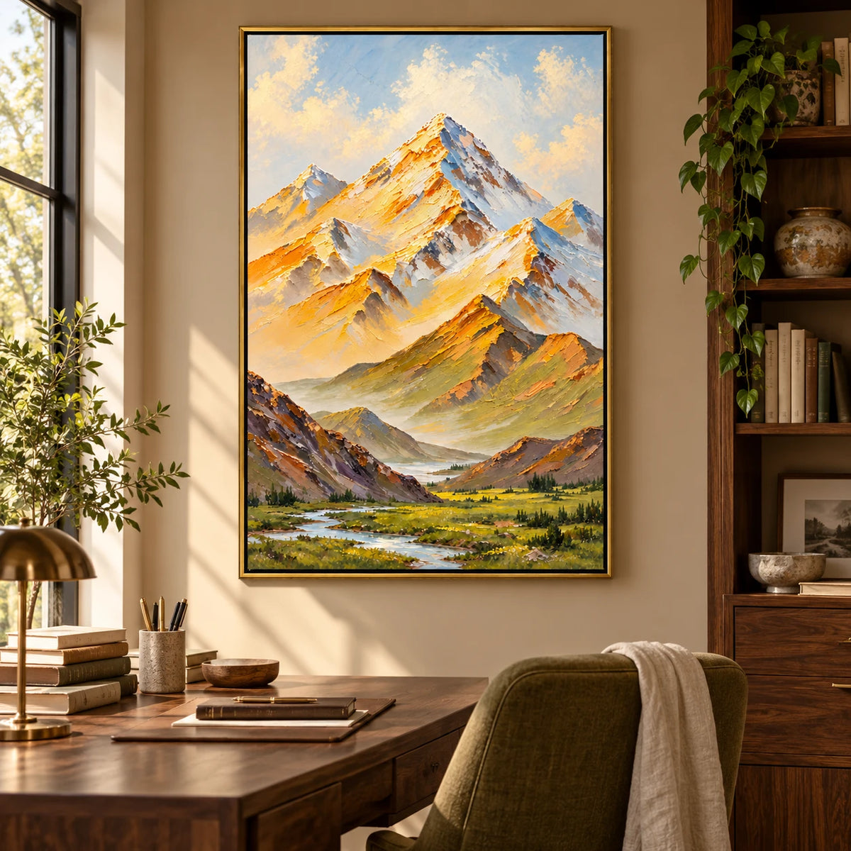 Ownanart Hand-Painted Golden Mountain Valley and Winding Stream Oil Painting – Textured Alpine Landscape, 3D Textured Vertical Canvas Wall Art for Living Room Bedroom Entryway and Office