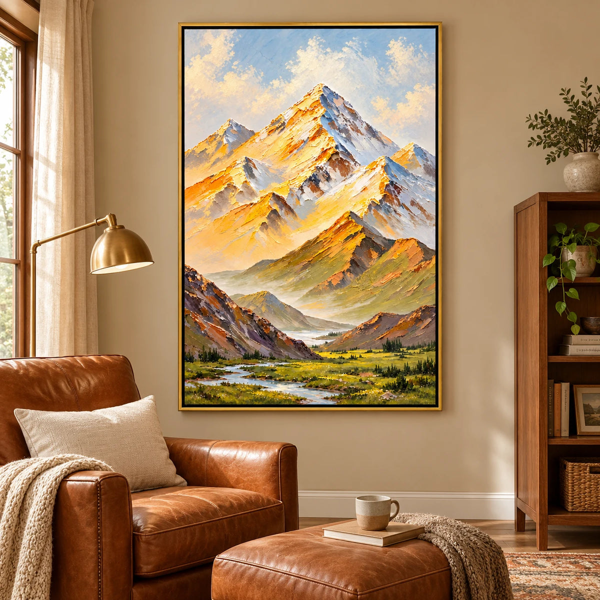 Ownanart Hand-Painted Golden Mountain Valley and Winding Stream Oil Painting – Textured Alpine Landscape, 3D Textured Vertical Canvas Wall Art for Living Room Bedroom Entryway and Office