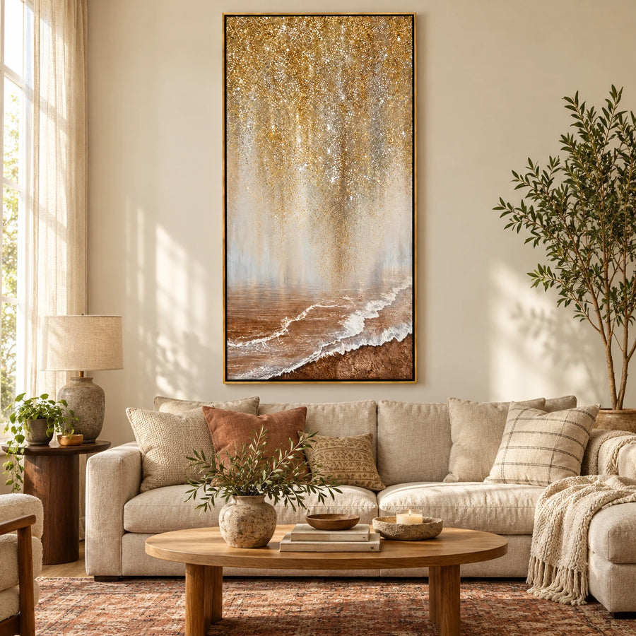 Ownanart Hand-Painted Golden Shimmer over Ocean Shore Oil Painting – Neutral Abstract Coastal Landscape, 3D Textured Vertical Canvas Wall Art for Living Room Bedroom Entryway and Office #OA 1520