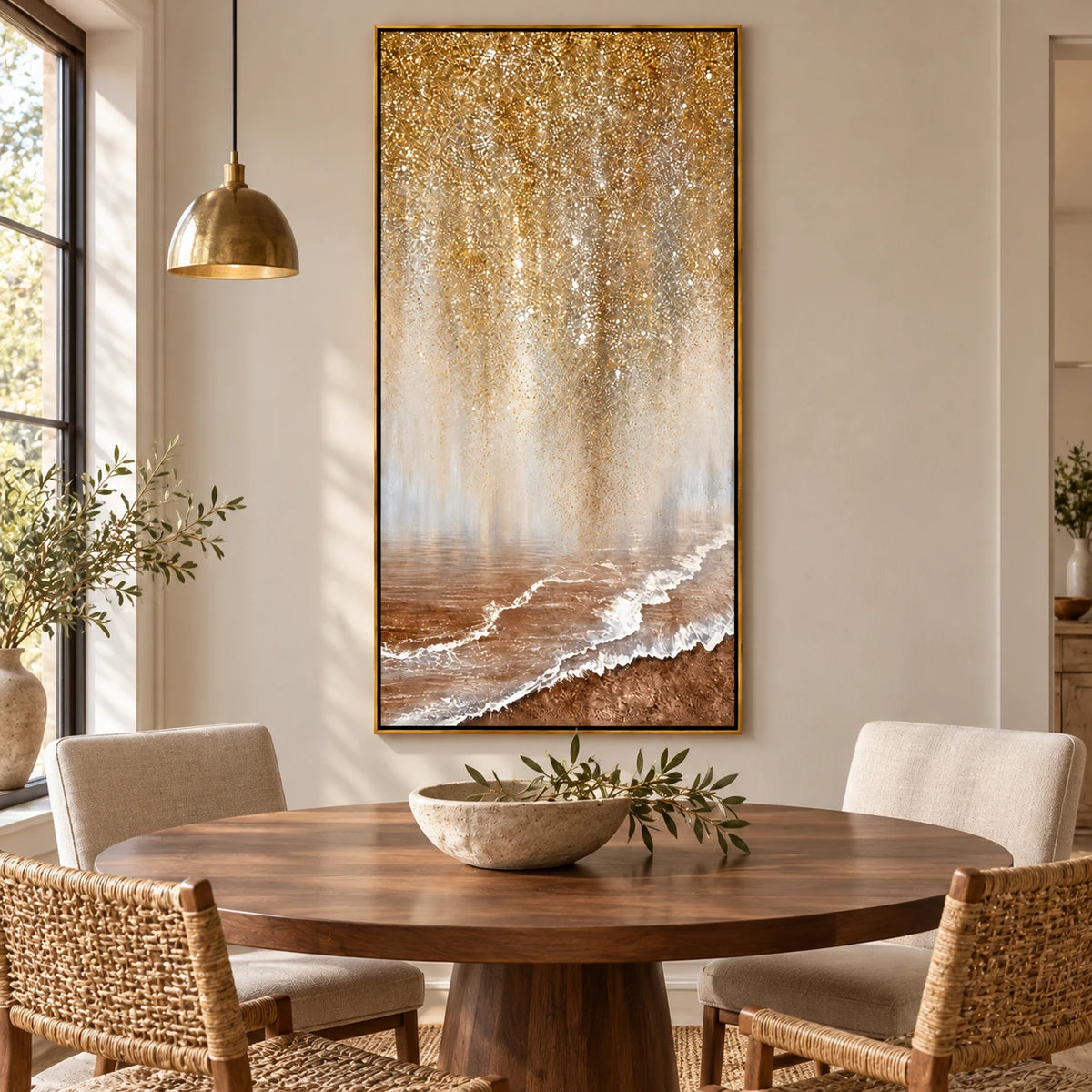 Ownanart Hand-Painted Golden Shimmer over Ocean Shore Oil Painting – Neutral Abstract Coastal Landscape, 3D Textured Vertical Canvas Wall Art for Living Room Bedroom Entryway and Office