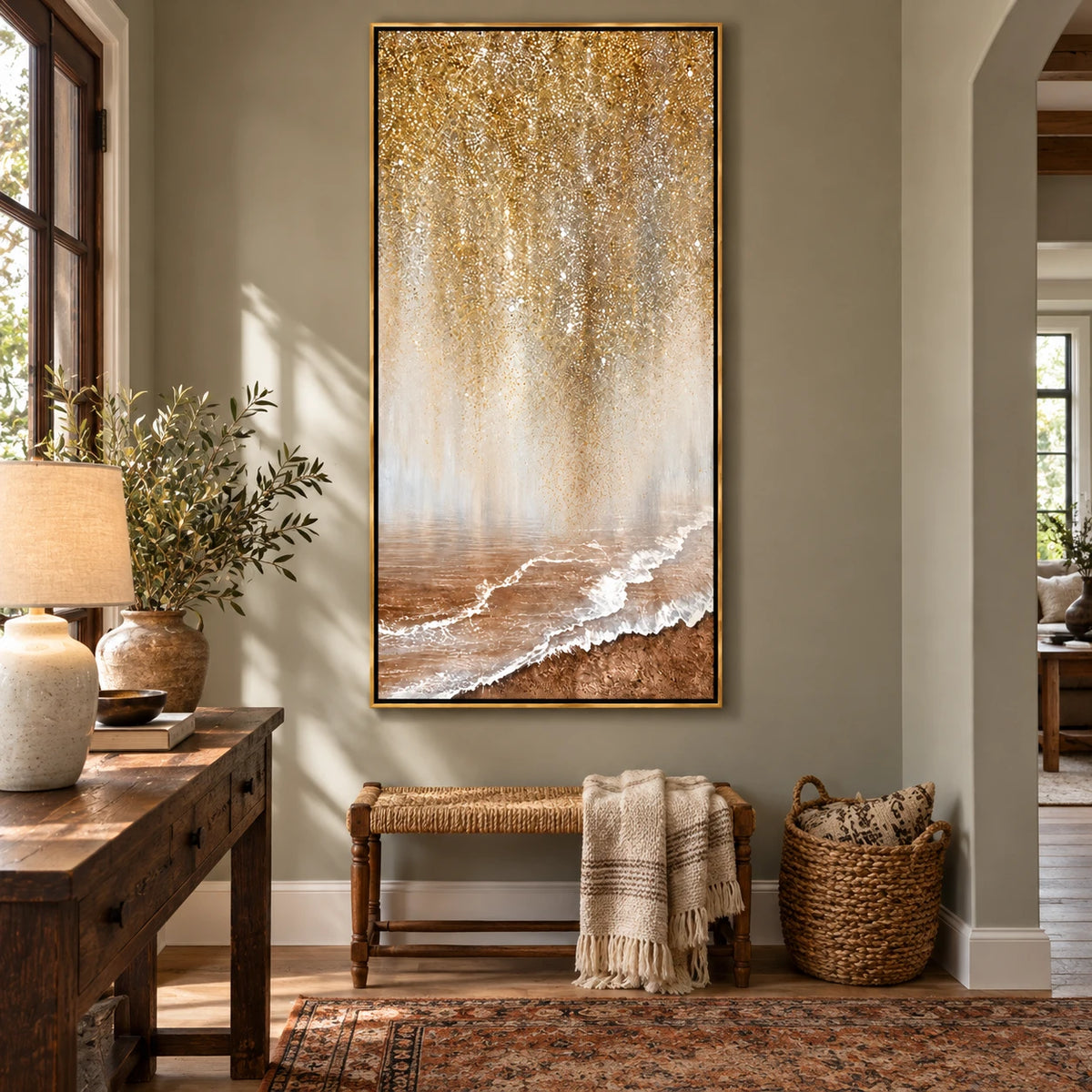 Ownanart Hand-Painted Golden Shimmer over Ocean Shore Oil Painting – Neutral Abstract Coastal Landscape, 3D Textured Vertical Canvas Wall Art for Living Room Bedroom Entryway and Office