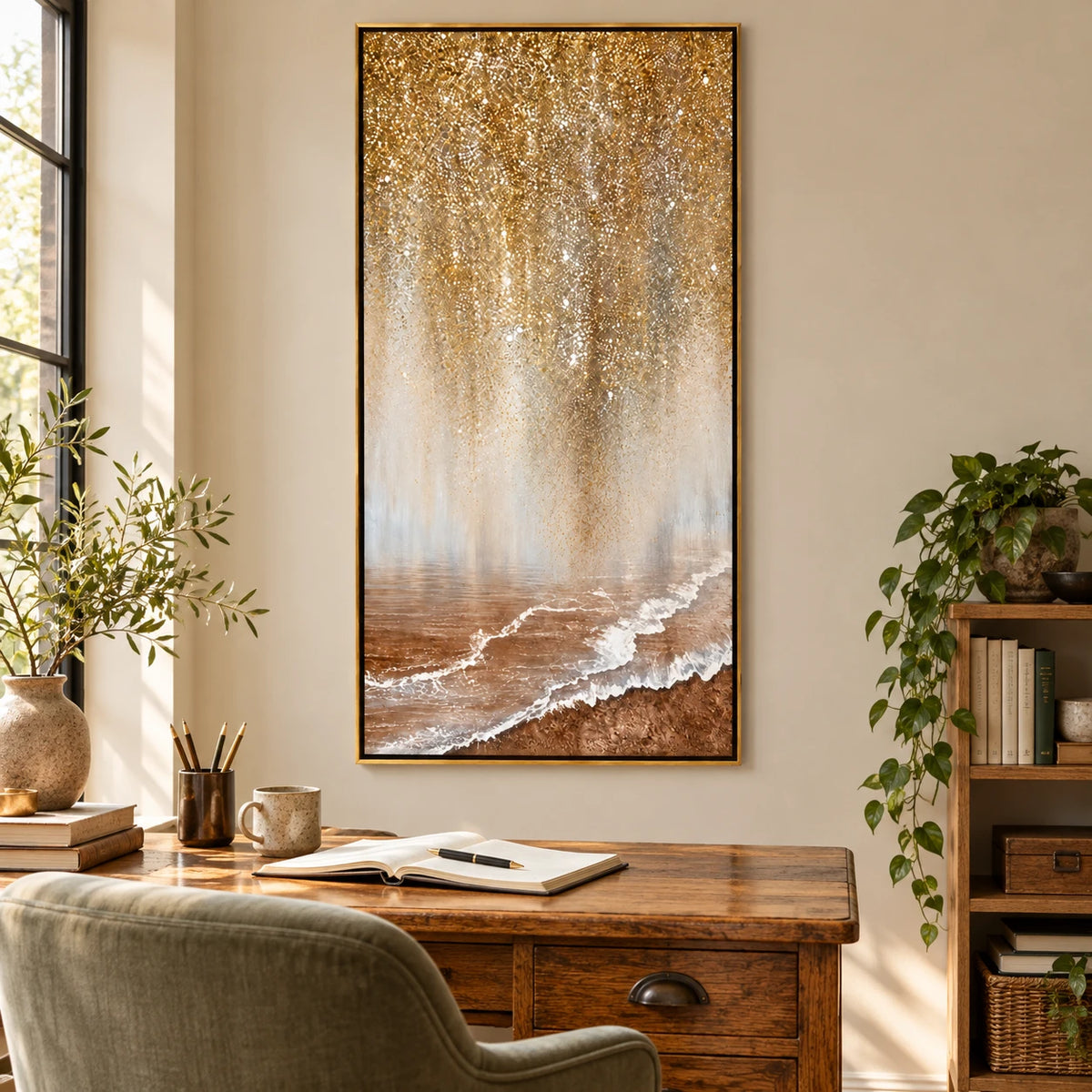 Ownanart Hand-Painted Golden Shimmer over Ocean Shore Oil Painting – Neutral Abstract Coastal Landscape, 3D Textured Vertical Canvas Wall Art for Living Room Bedroom Entryway and Office