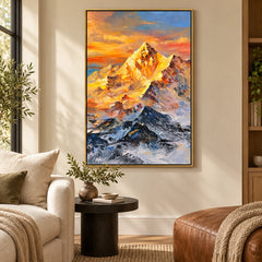Ownanart Hand-Painted Golden Sunlit Snow Mountain Peak Oil Painting – Alpine Landscape Art, 3D Textured Vertical Canvas Wall Art for Living Room Bedroom Entryway and Office #OA 1525