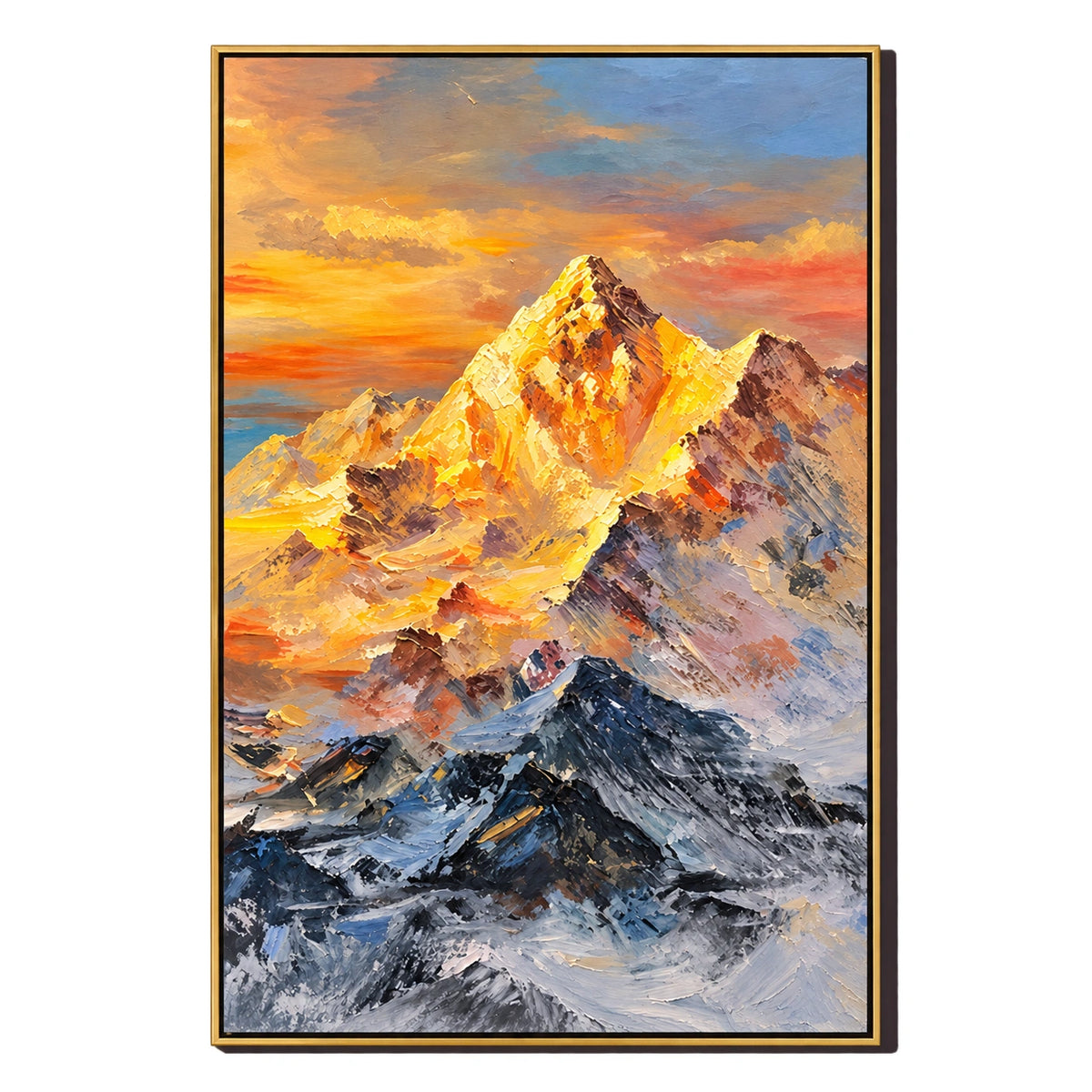 Ownanart Hand-Painted Golden Sunlit Snow Mountain Peak Oil Painting – Alpine Landscape Art, 3D Textured Vertical Canvas Wall Art for Living Room Bedroom Entryway and Office